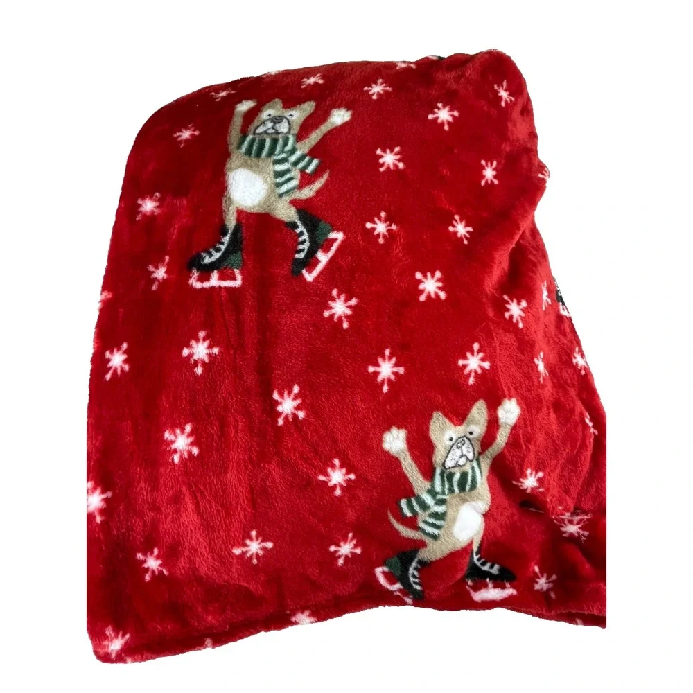 French Bulldog Dog Ultra Soft Christmas Plush Throw Blanket 50x70 Red Snowflakes